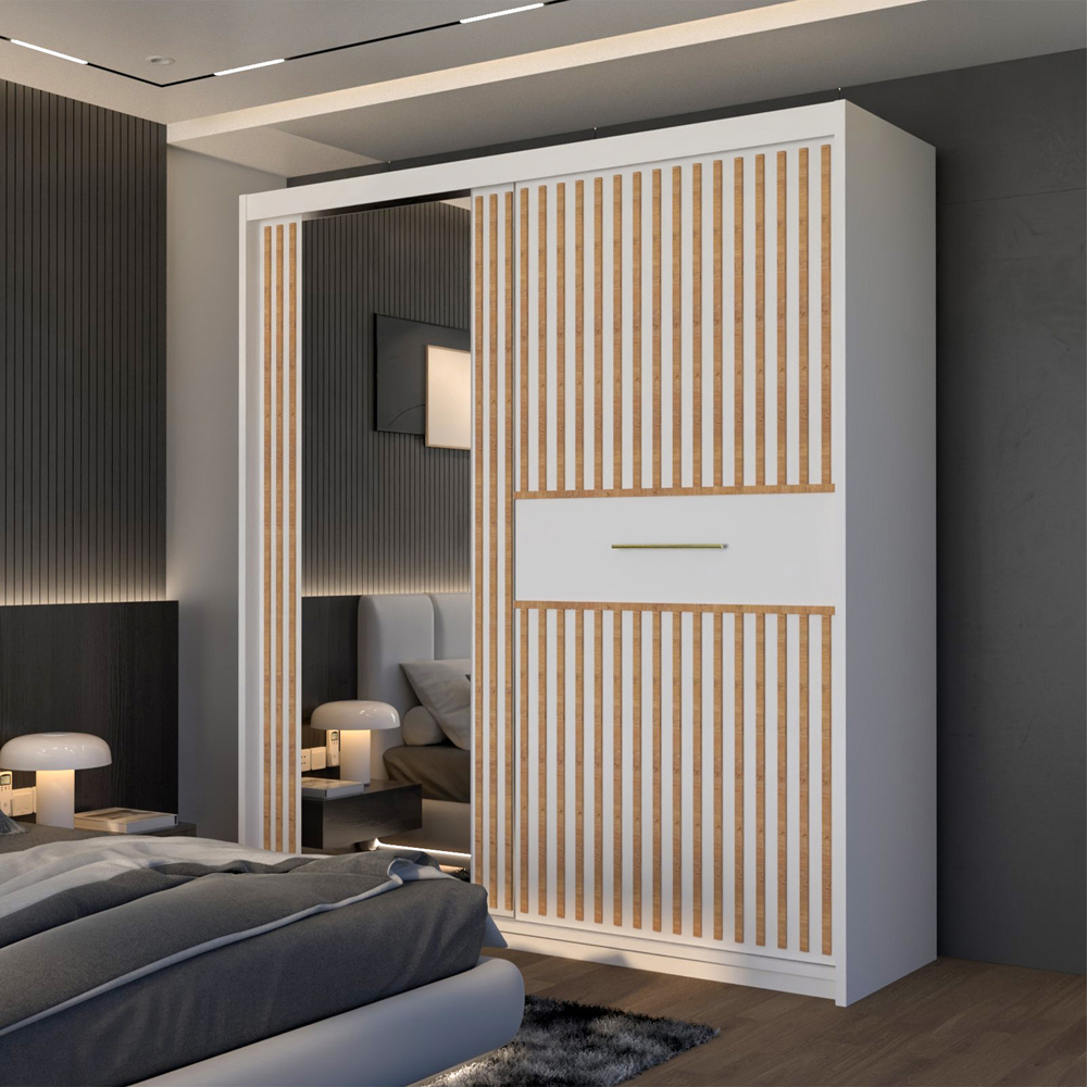 M N Furniture Laiyal 2 Door White Mirrored Sliding Wardrobe with Oak Strip 150cm Image 3