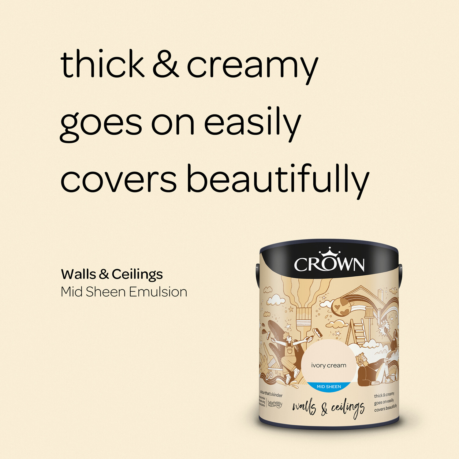 Crown Walls & Ceilings Ivory Cream Mid Sheen Emulsion Paint 5L Image 8