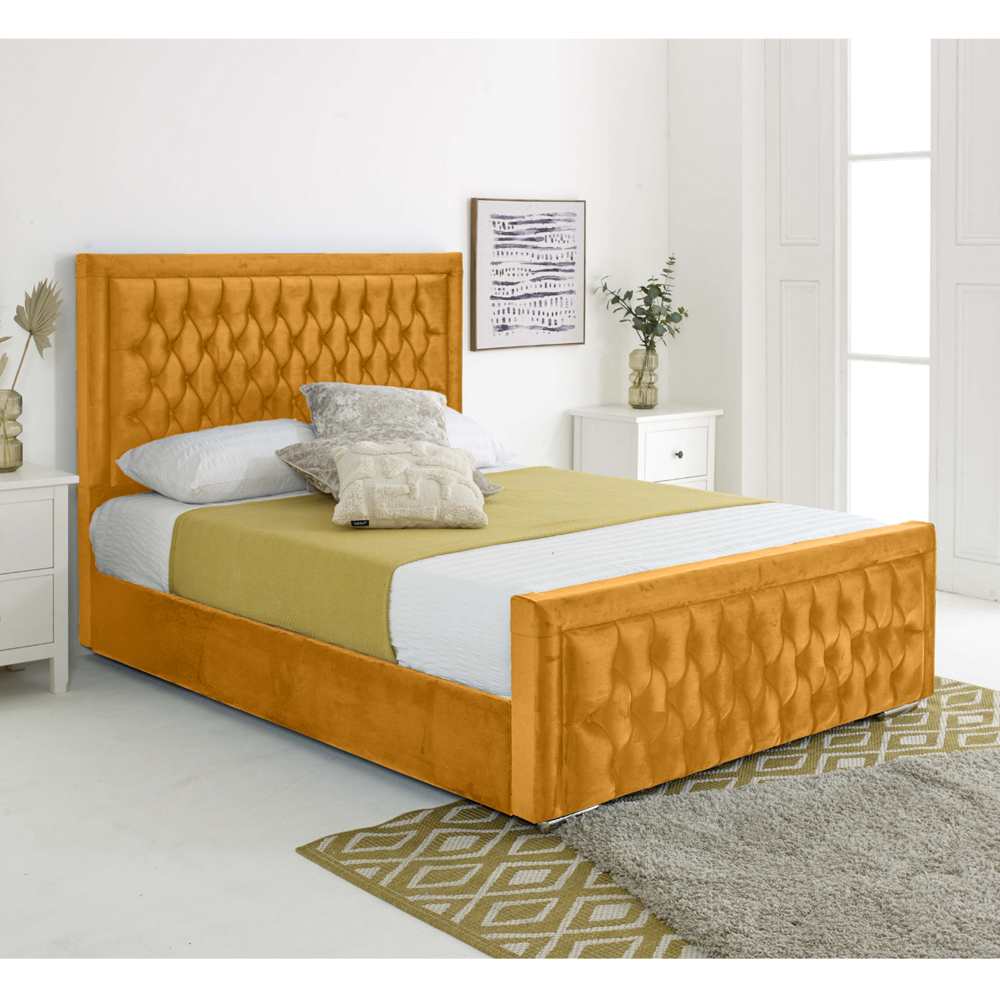 Eleganza Paloma Small Double Mustard Plush Velvet Bed Frame with Headboard and Footboard Image 5