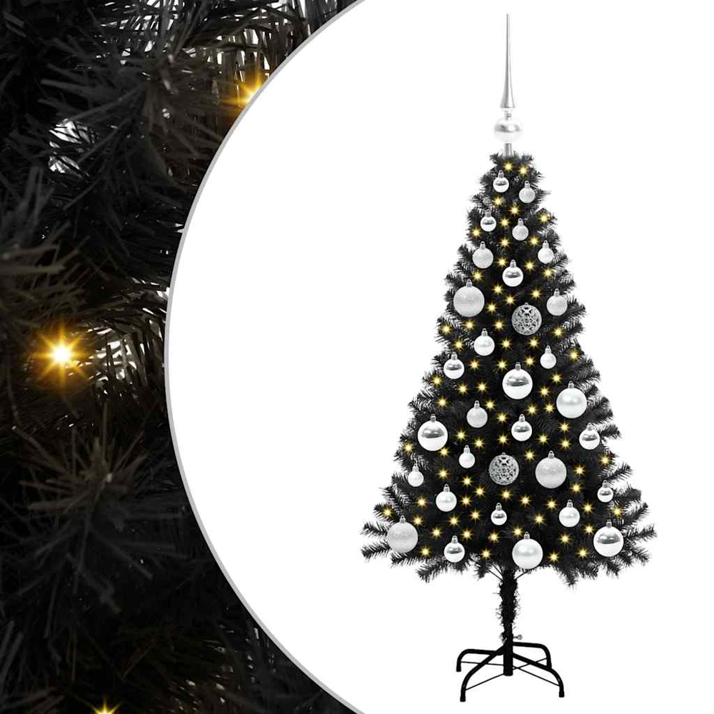 vidaXL Pre-Lit Silver Baubles Black Artificial Christmas Tree 4ft Image 2
