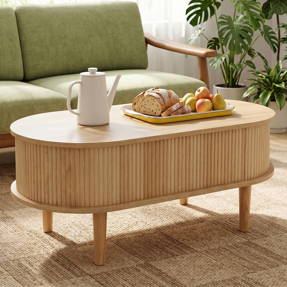Living and Home Natural Oval Lift-Top Coffee Table with Hidden Storage Image 1