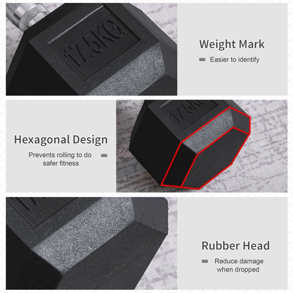 HOMCOM Black Hexagonal Rubber Dumbbell 17.5kg Image 6