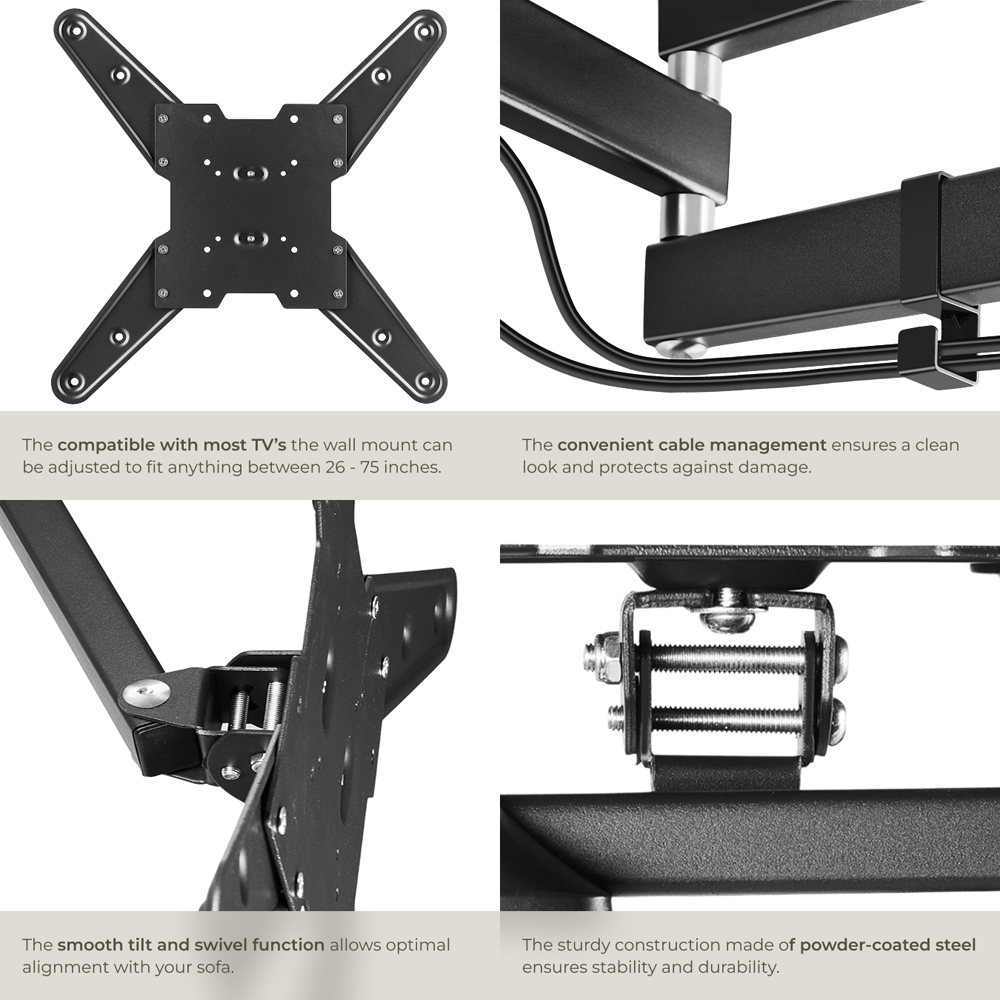 tectake Black 26 to 75 inch Extendable Tilt and Swivel TV Bracket Image 5