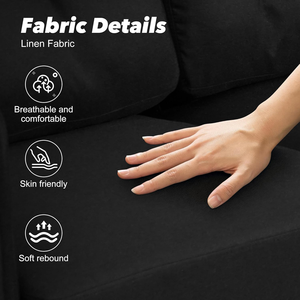 Alivio 4 Seater Black Linen Fabric Modern L-Shaped Sectional Sofa with Movable Chaise Image 6
