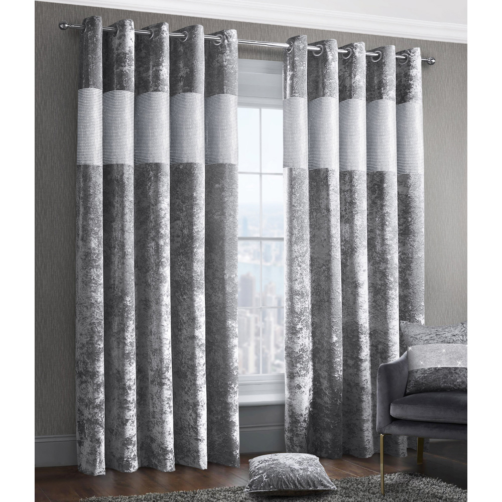 Intimates Silver Crushed Velvet Diamante Fully Lined Ring Top Curtains 117 x 183cm Image 3