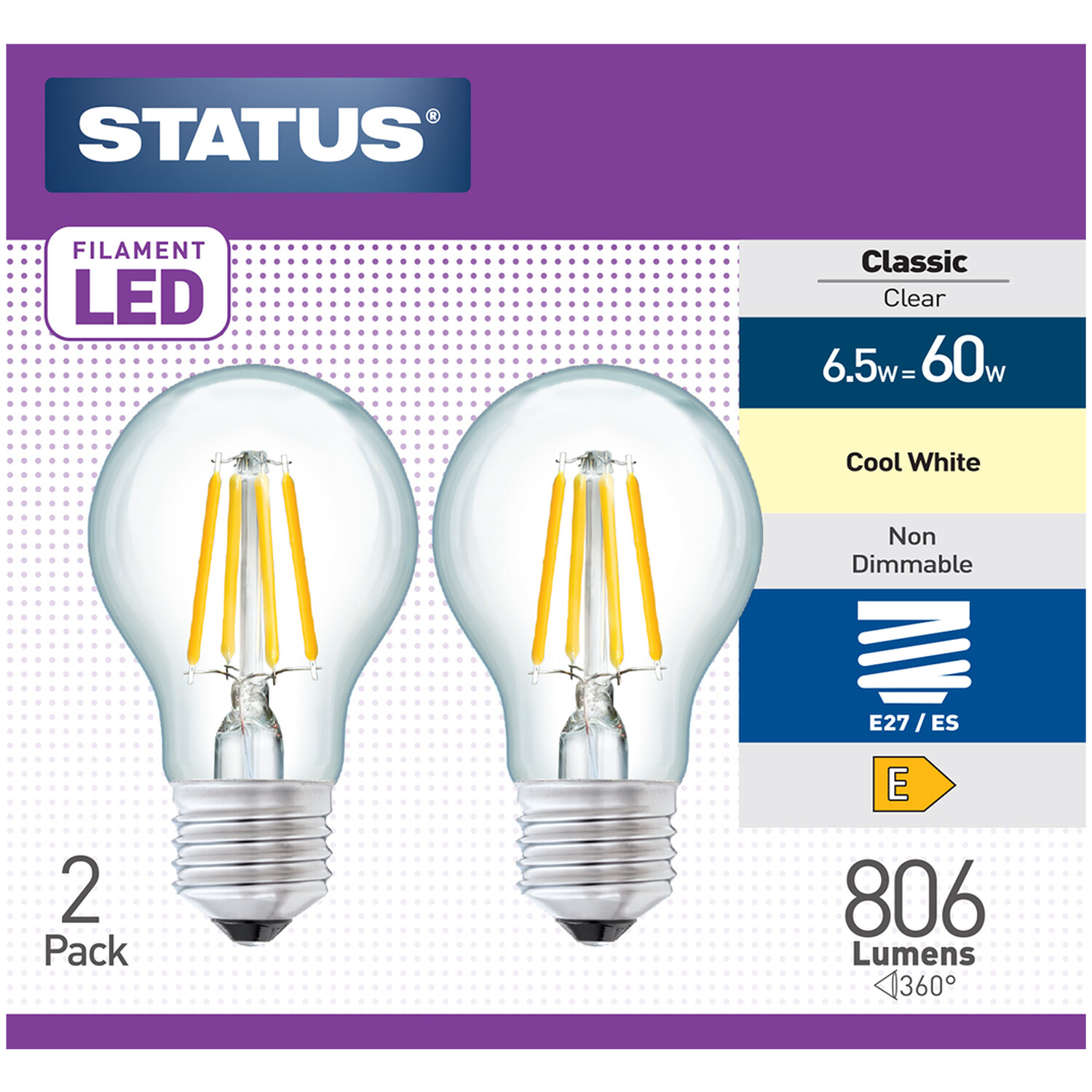Pack of 2 Status Filament LED 6.5W Cool White Lightbulbs Image 1