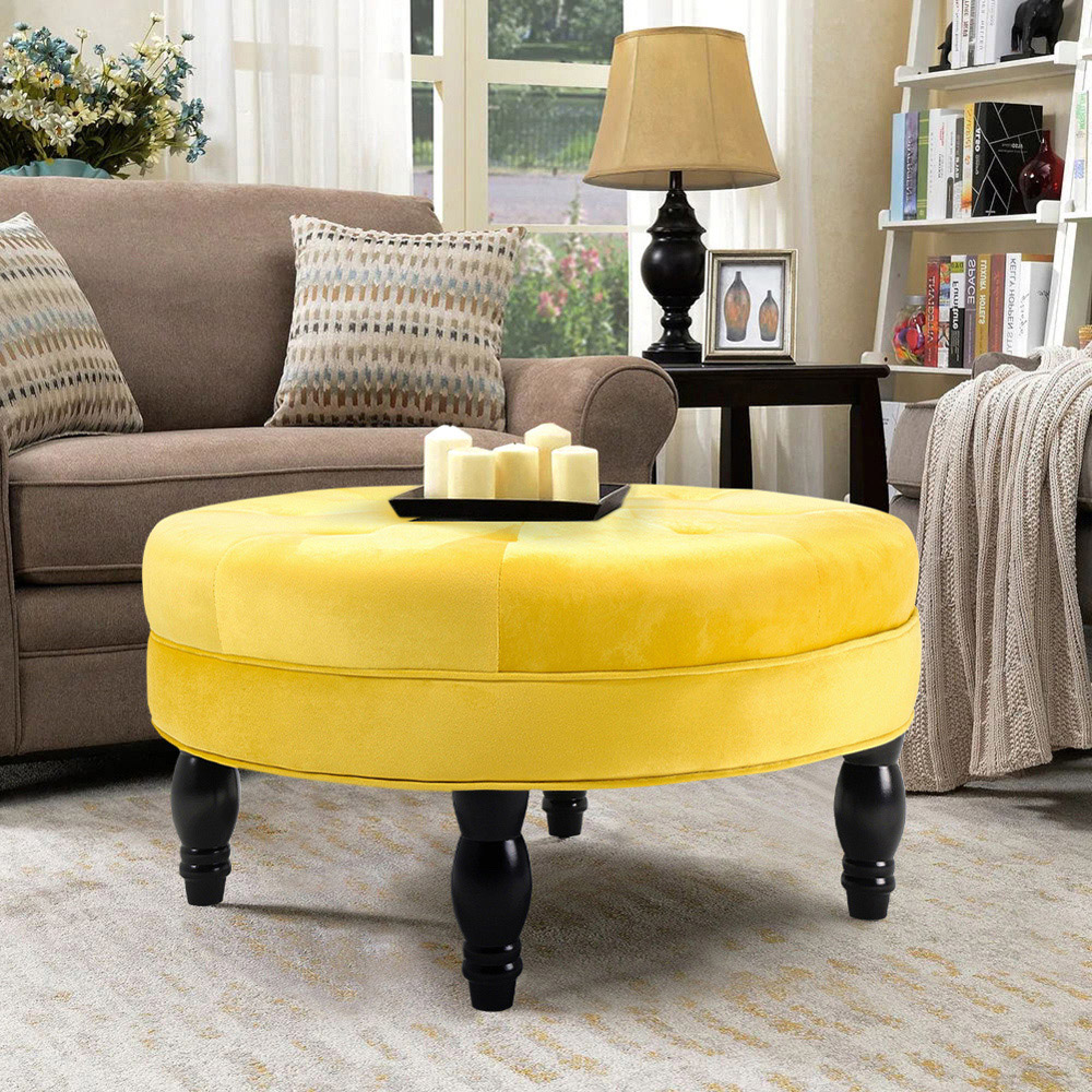 Living and Home Yellow Round Velvet Tufted Buttoned Footstool Image 3