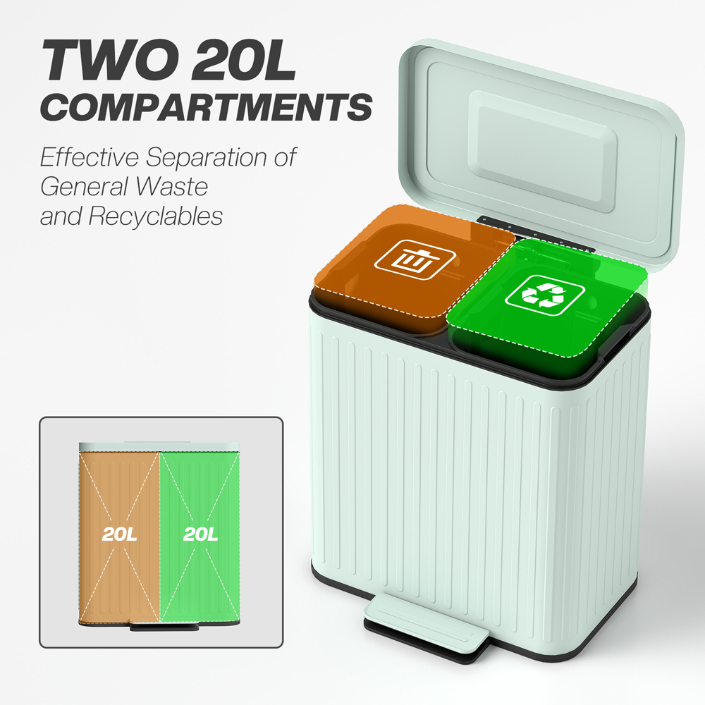 HOMCOM Green Double Bin Pedal Bin with Soft-Close Lid 40L Image 8