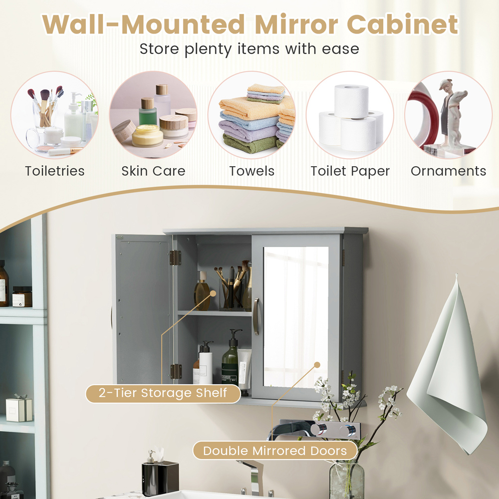 Costway 2 Shelf Grey Wall Mounted Bathroom Cabinet with Mirror Door Image 6