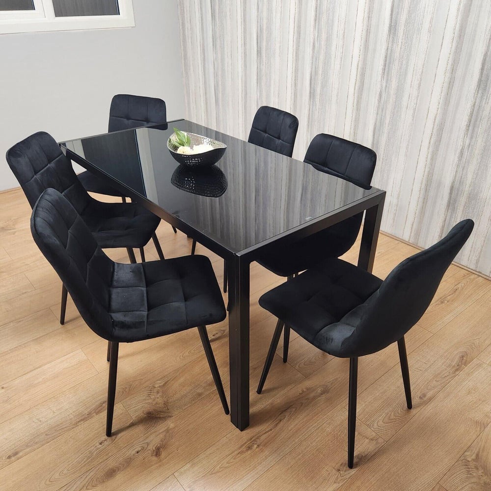 Portland 6 Seater Velvet Dining Set Black Image 2