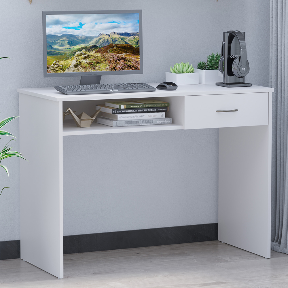 Portland White Computer Desk with Shelf Drawer Image 1