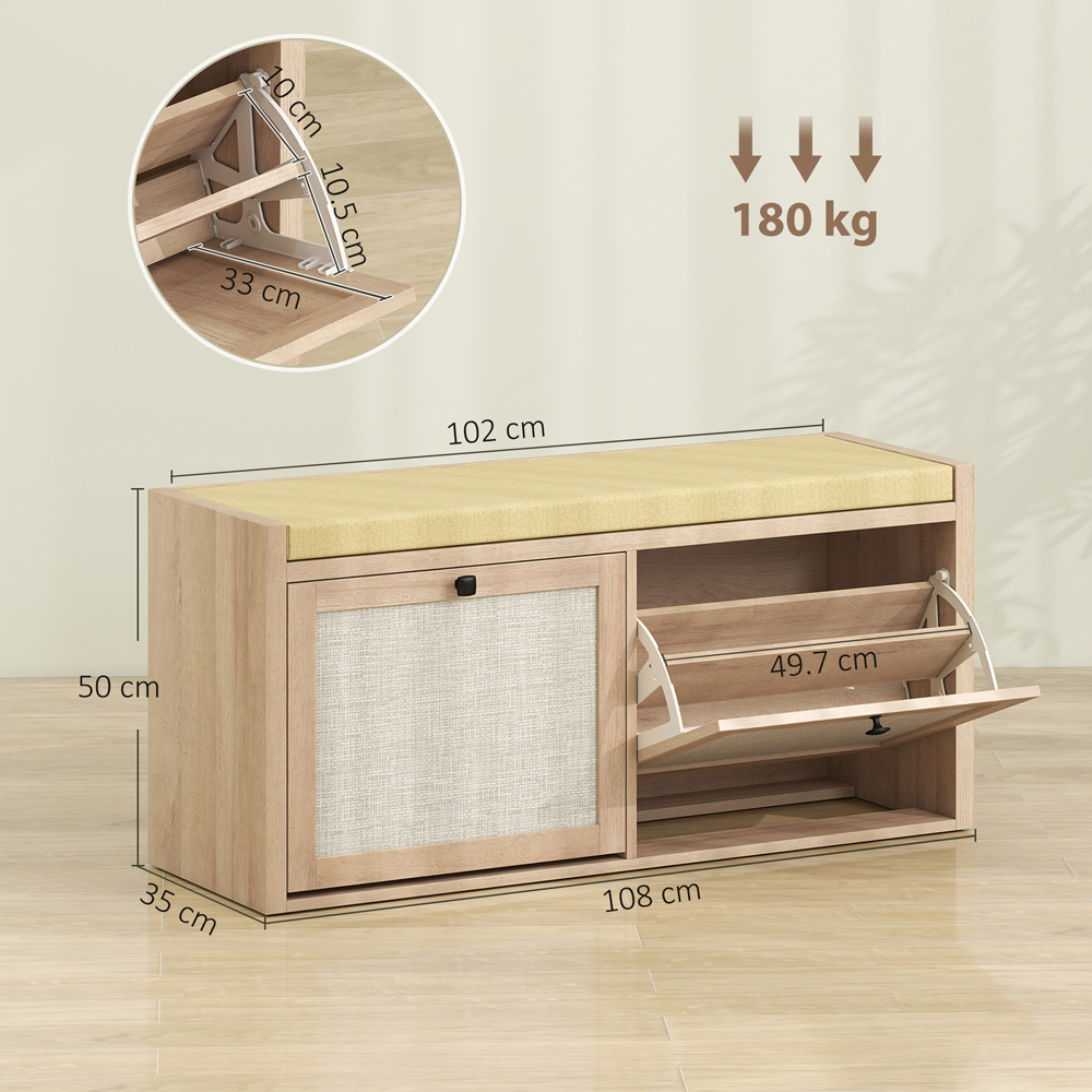 HOMCOM 2 Flip Down Door Oak Rattan Shoe Bench with Padded Cushion Image 9