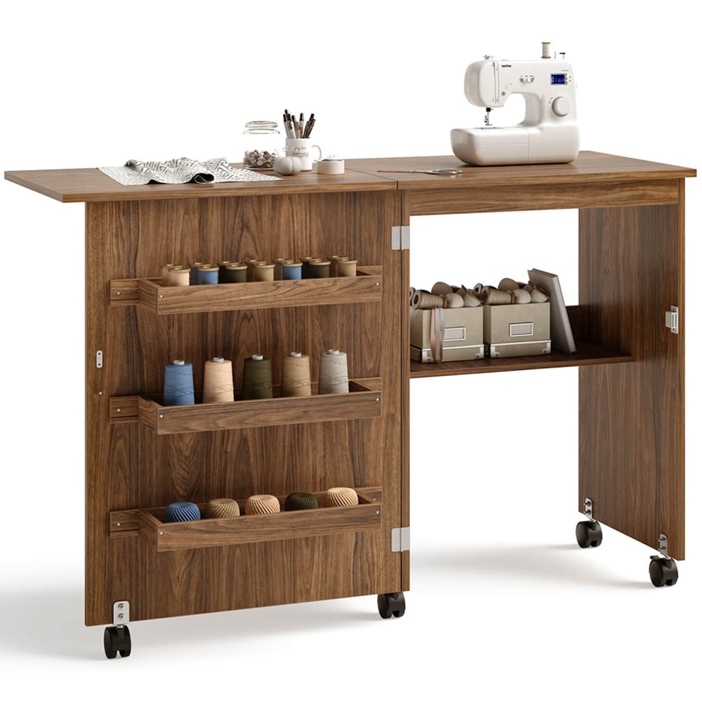 Costway Brown Folding Sewing Table with Storage Shelves Image 3
