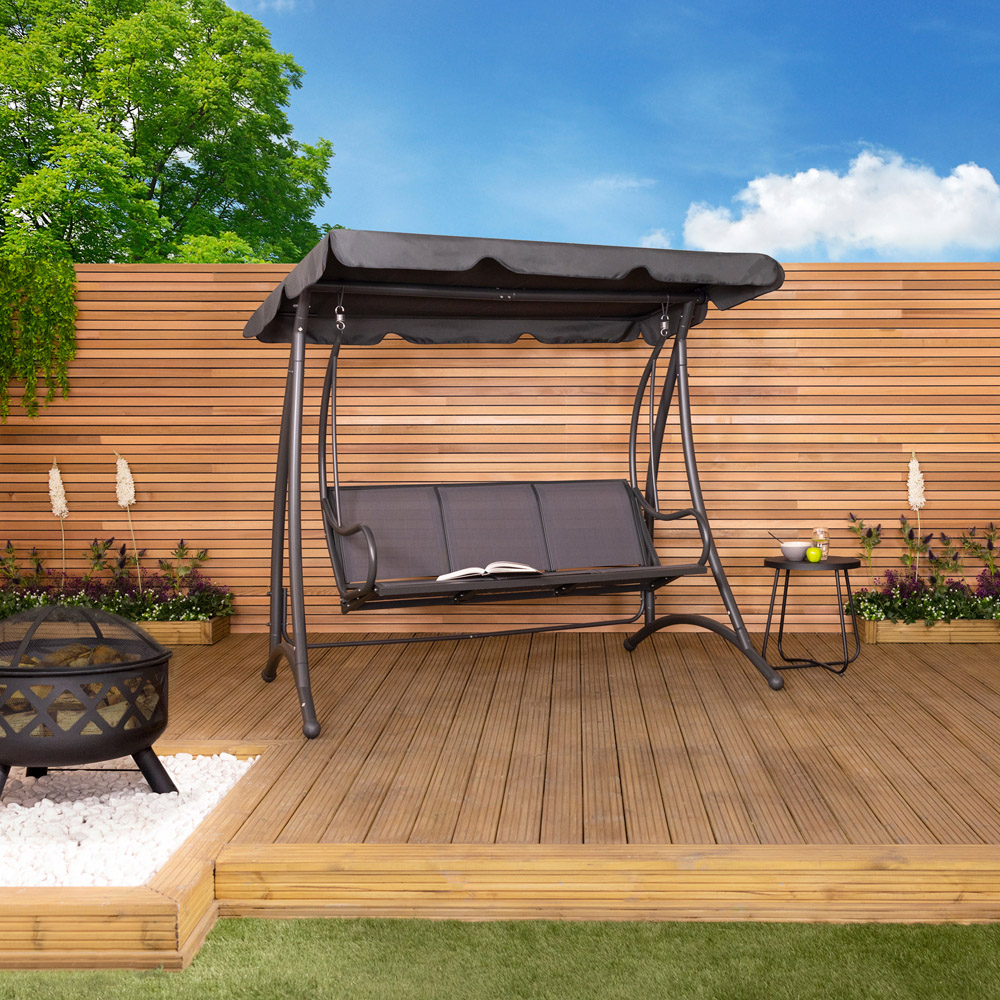 Charles Bentley 3 Seater Grey Garden Swing Seat with Canopy Image 9