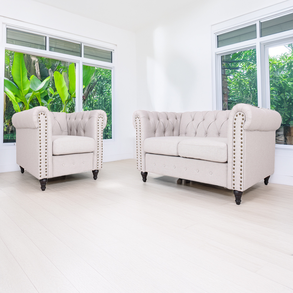 Furniture One 3 Seater Light Grey Nailhead Trim Sofa Set Image 1