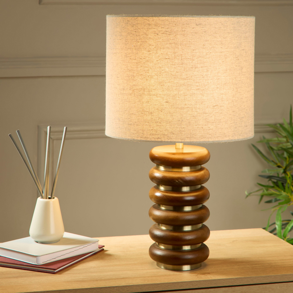 Lighting Collection Hennessey Natural Linen Shade Wood and Brass Table Lamp Image 2