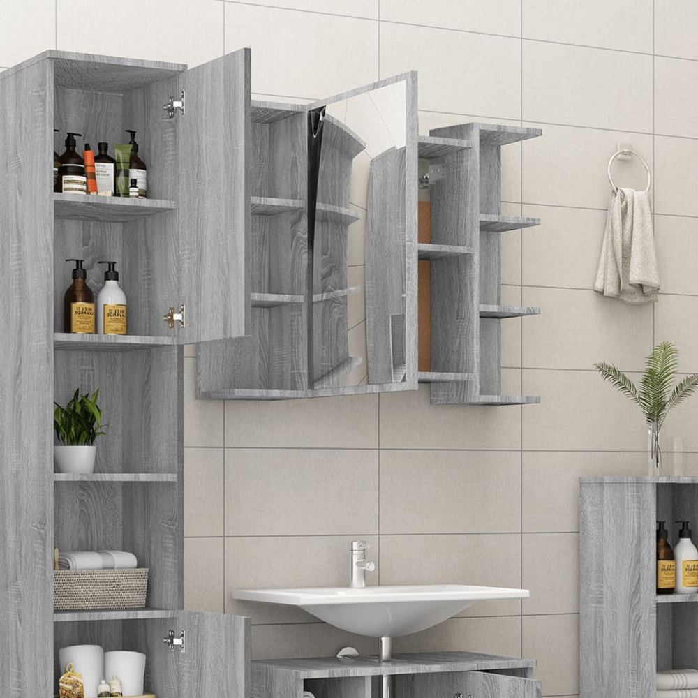 vidaXL Single Door 6 Shelf Grey Sonoma Wall Mounted Mirrored Bathroom Cabinet Image 9