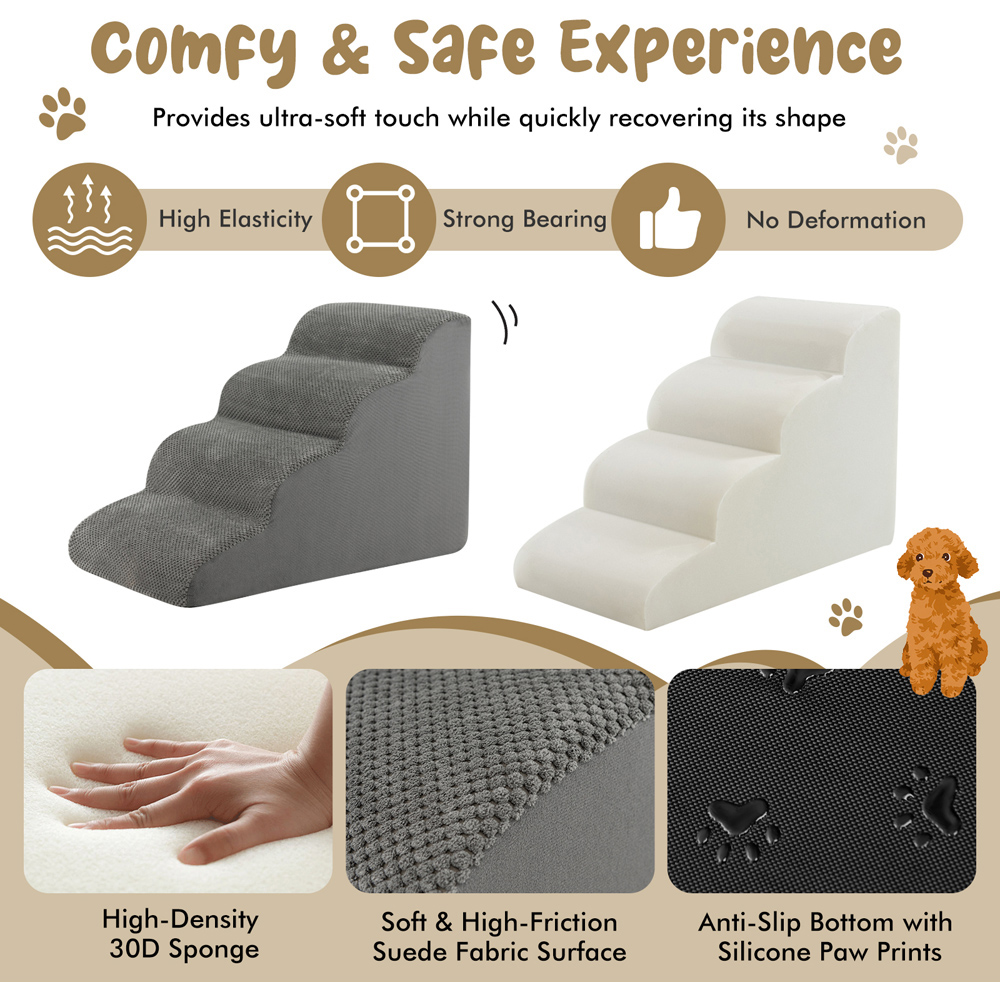 Costway Grey 4 Tier Foam Dog Ramp with Washable Zippered Cover Image 6