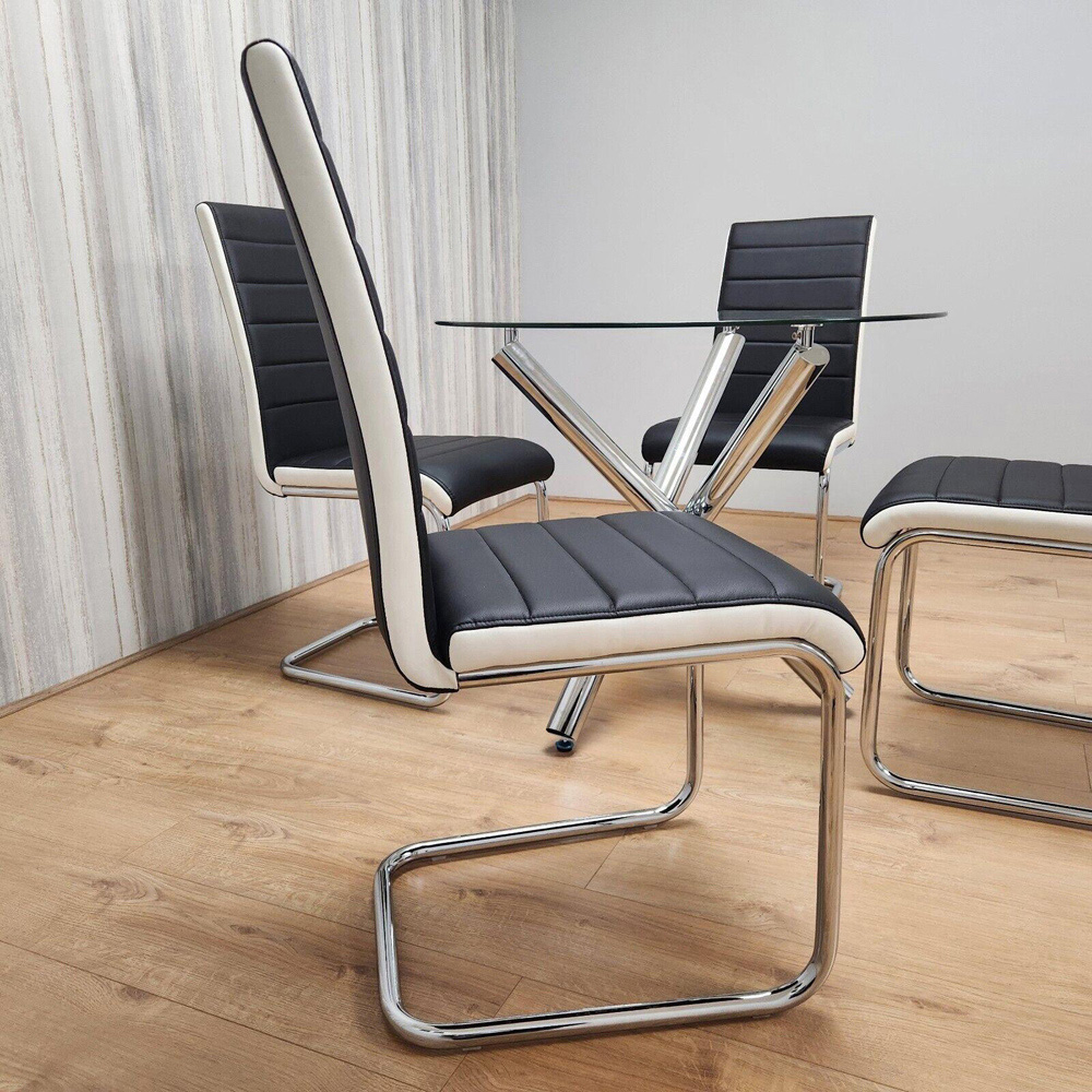 Portland 4 Seater Leather Clear Glass Round Dining Set Black and White Image 7