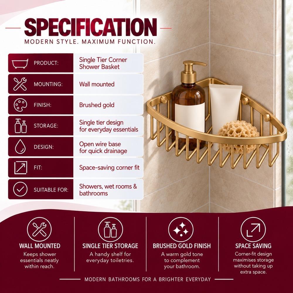 Go Bathrooms Brushed Gold Wall Mounted Corner Shower Basket Image 3