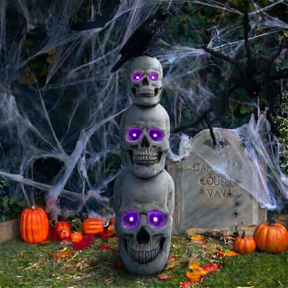 wilko Multicolour LED Halloween Stack of Skulls Ornament with Raven 4ft Image 2