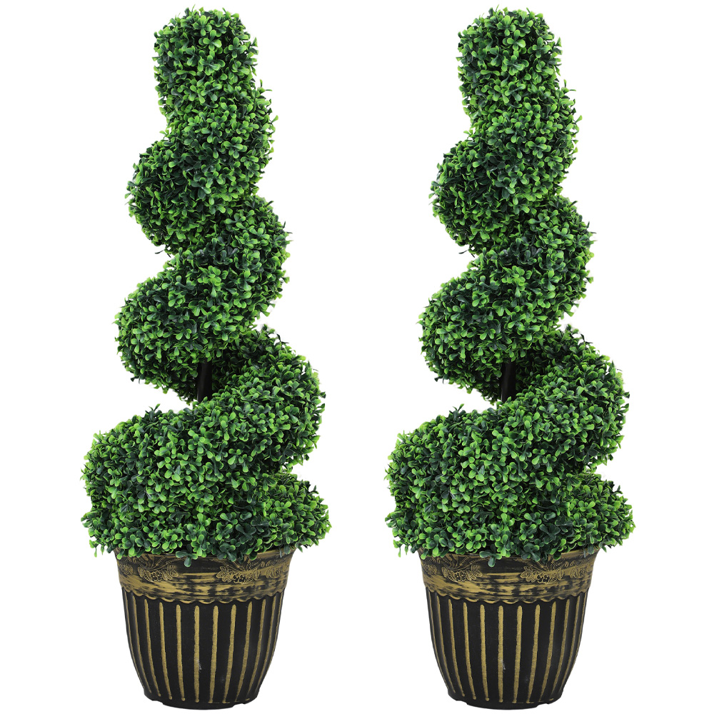 HOMCOM Set of 2 Potted Artificial Plants, Topiary Spiral Boxwood Trees, 90cm Image 1