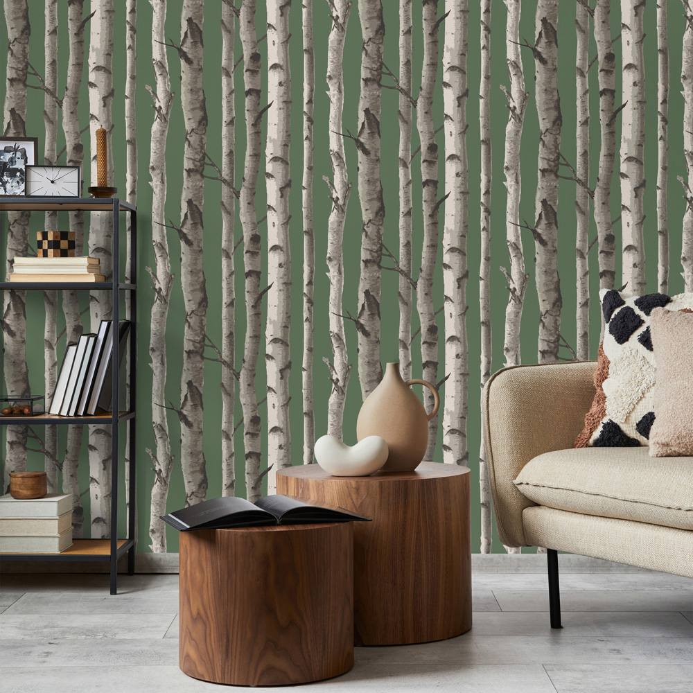 Fine Decor Birch Trees Hunter Green Wallpaper Image 3