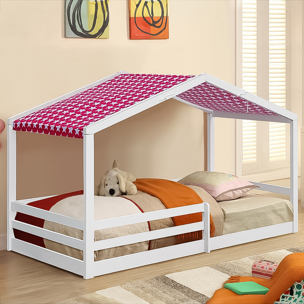 Brooklyn Single White Wooden House Style Bed with Red Tent Image 1