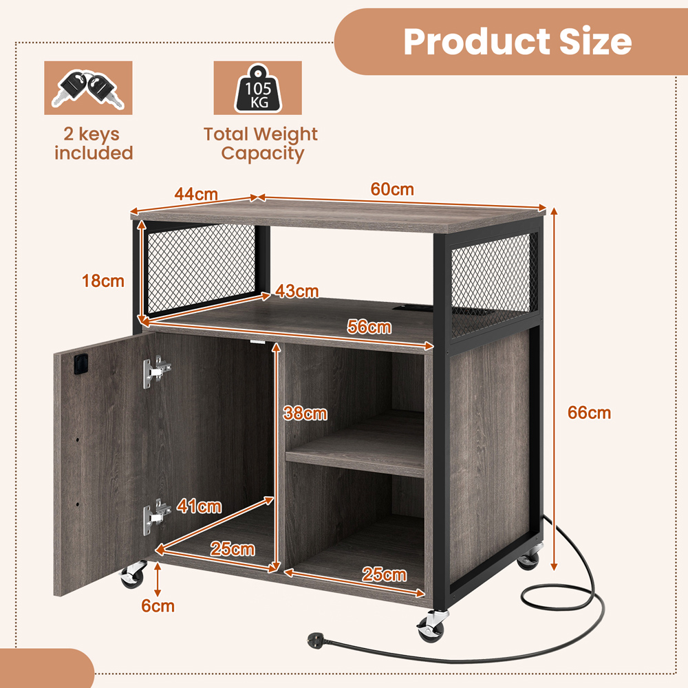 Costway Single Drawer 3 Shelf Grey File Cabinet with Charging Station Image 9