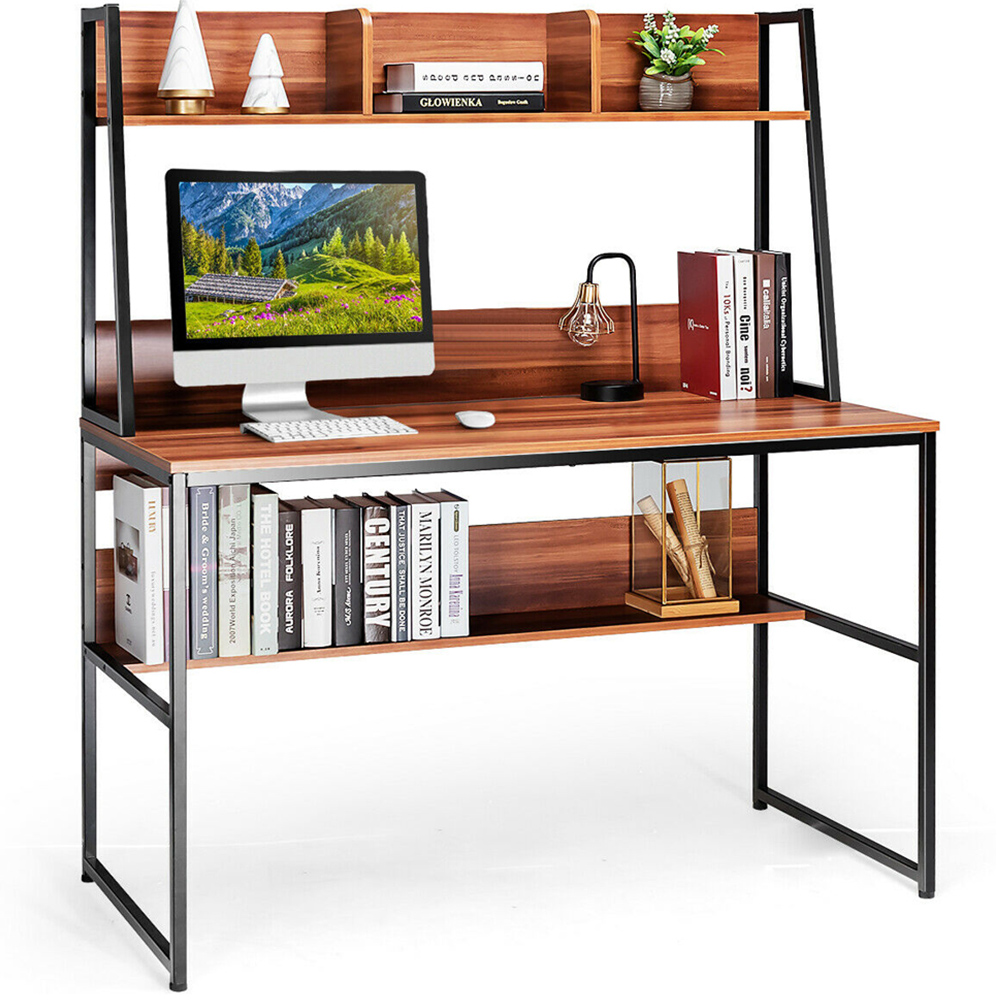 Costway Computer Desk with Bookshelf Brown Image 3