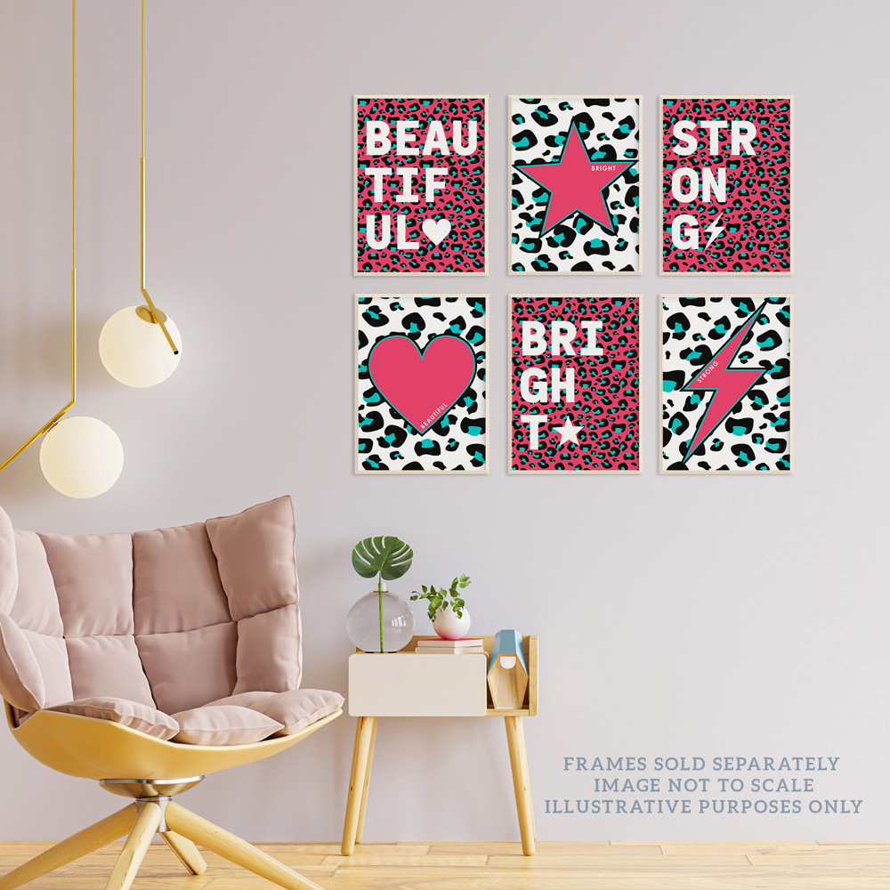 Wee Blue Coo Pink and Turquoise Leopard Pattern Bold Shapes Wall Art Print 30 x 41cm 6 Pack Image 3