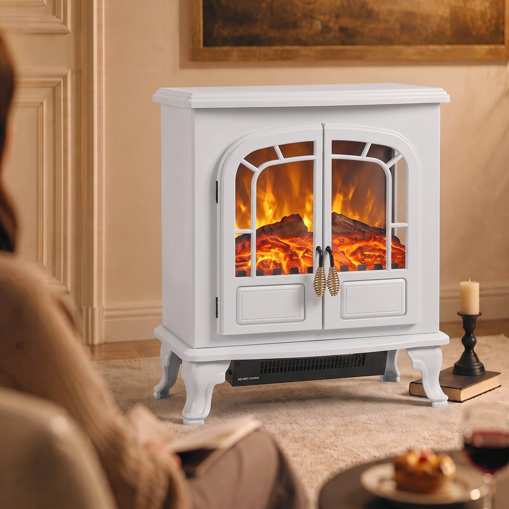 HOMCOM White Freestanding Electric Fireplace Stove with LED Fire Flame Effect Image 3