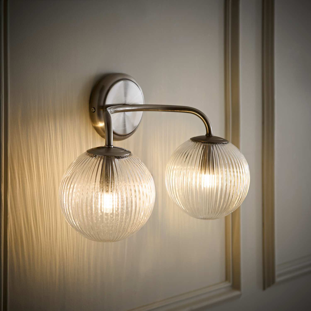 ValueLights Kempton 2 Arm Ribbed Glass Globe Brushed Chrome LED Wall Light with Bulb Image 6