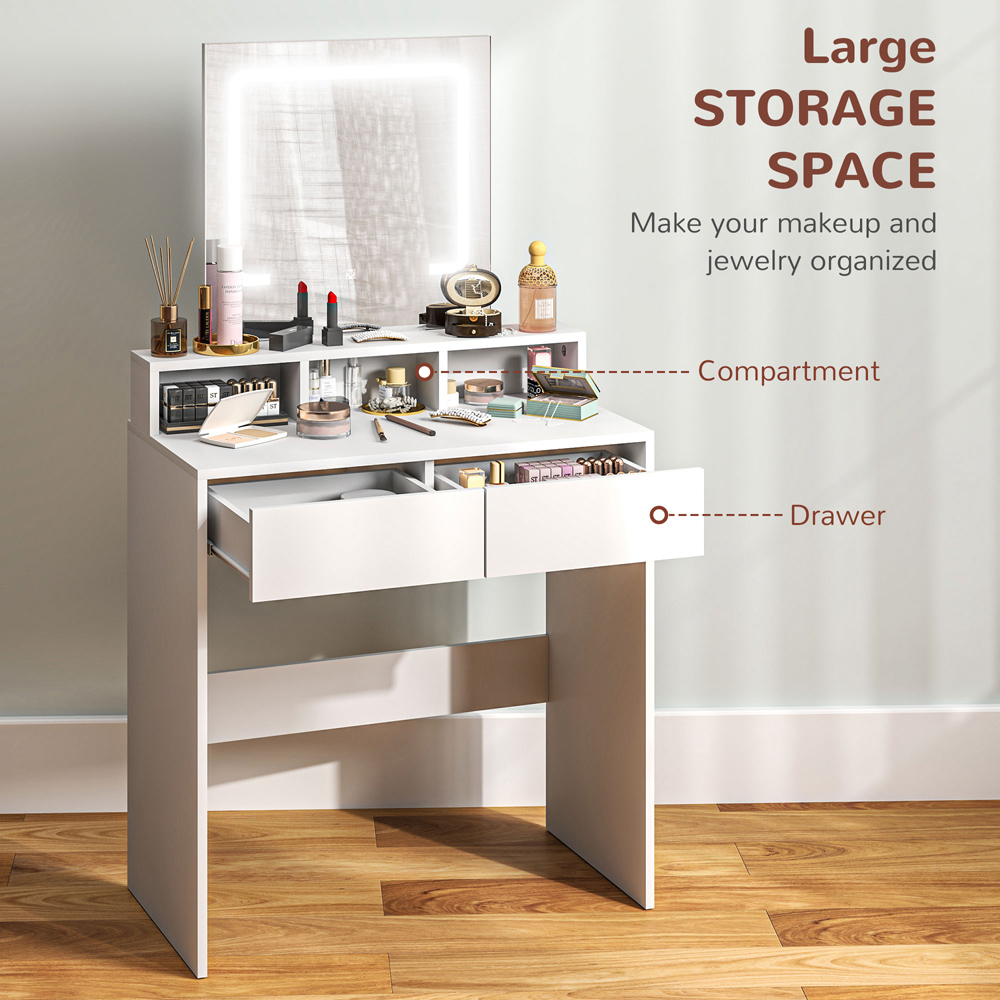 Portland 2 Drawer 2 Shelf White Dressing Table with LED Light Mirror Image 5