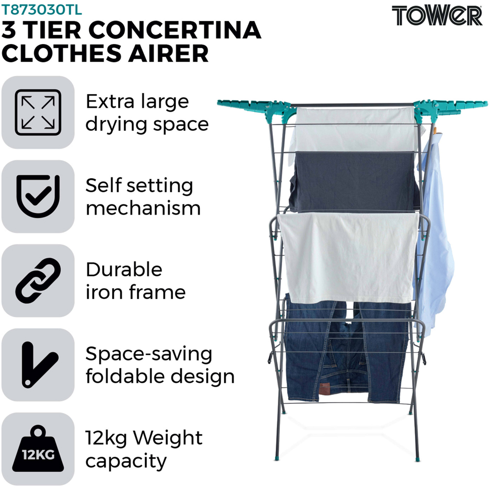 Tower 3-Tier Concertina Clothes Airer with Fold Out Wings 18m Image 2