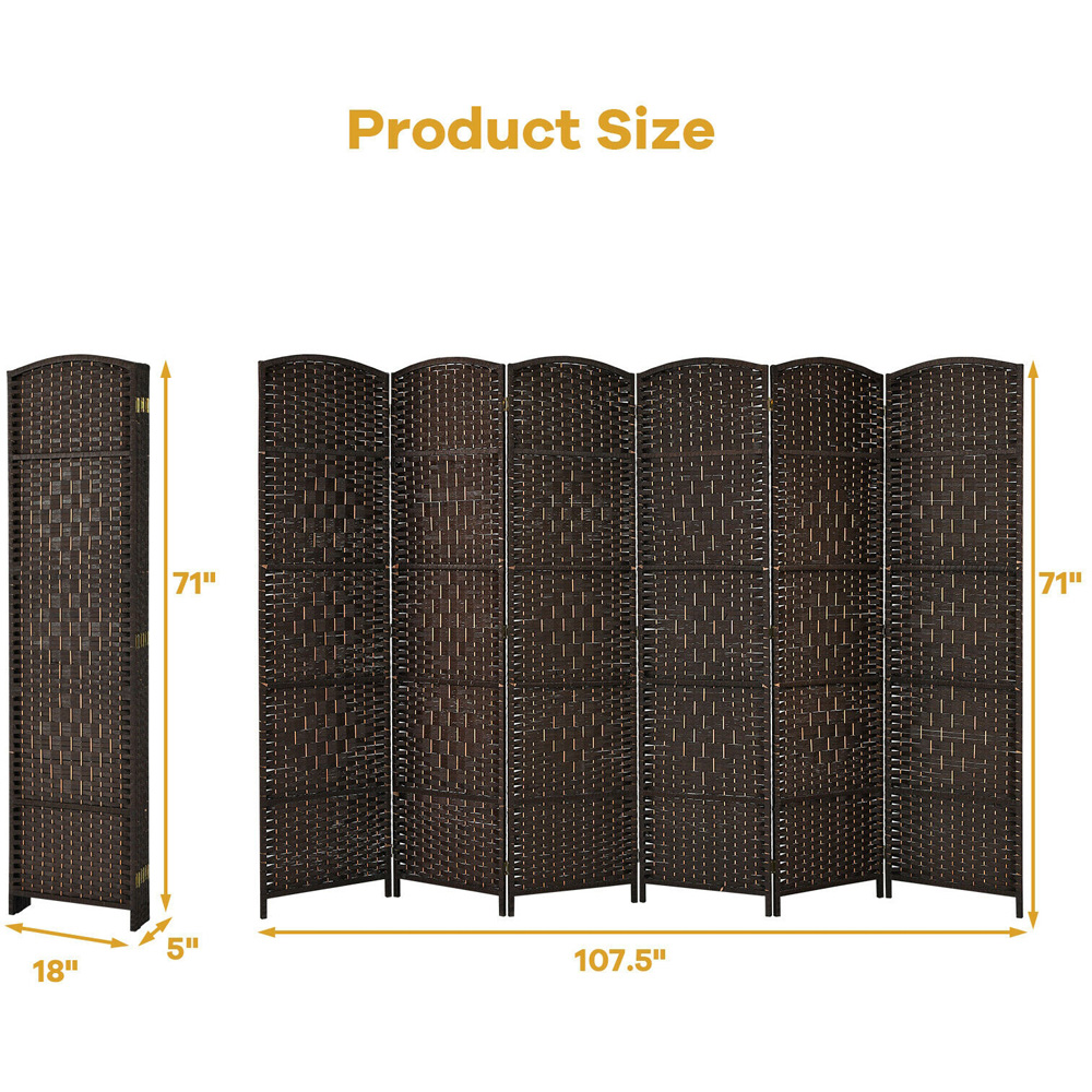 Costway 6 Panel Brown Wicker Folding Room Divider Image 9