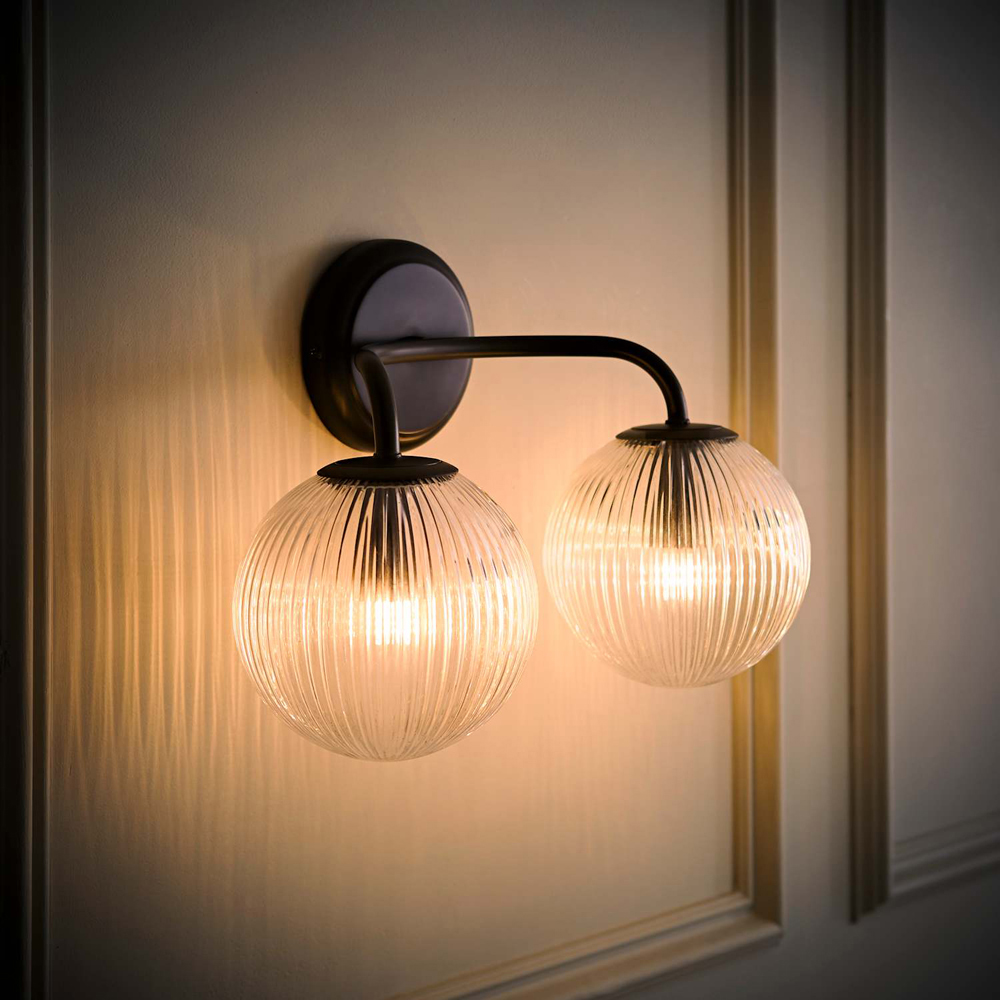 ValueLights Kempton 2 Arm Ribbed Glass Globe Matte Black LED Wall Light with Bulb Image 2