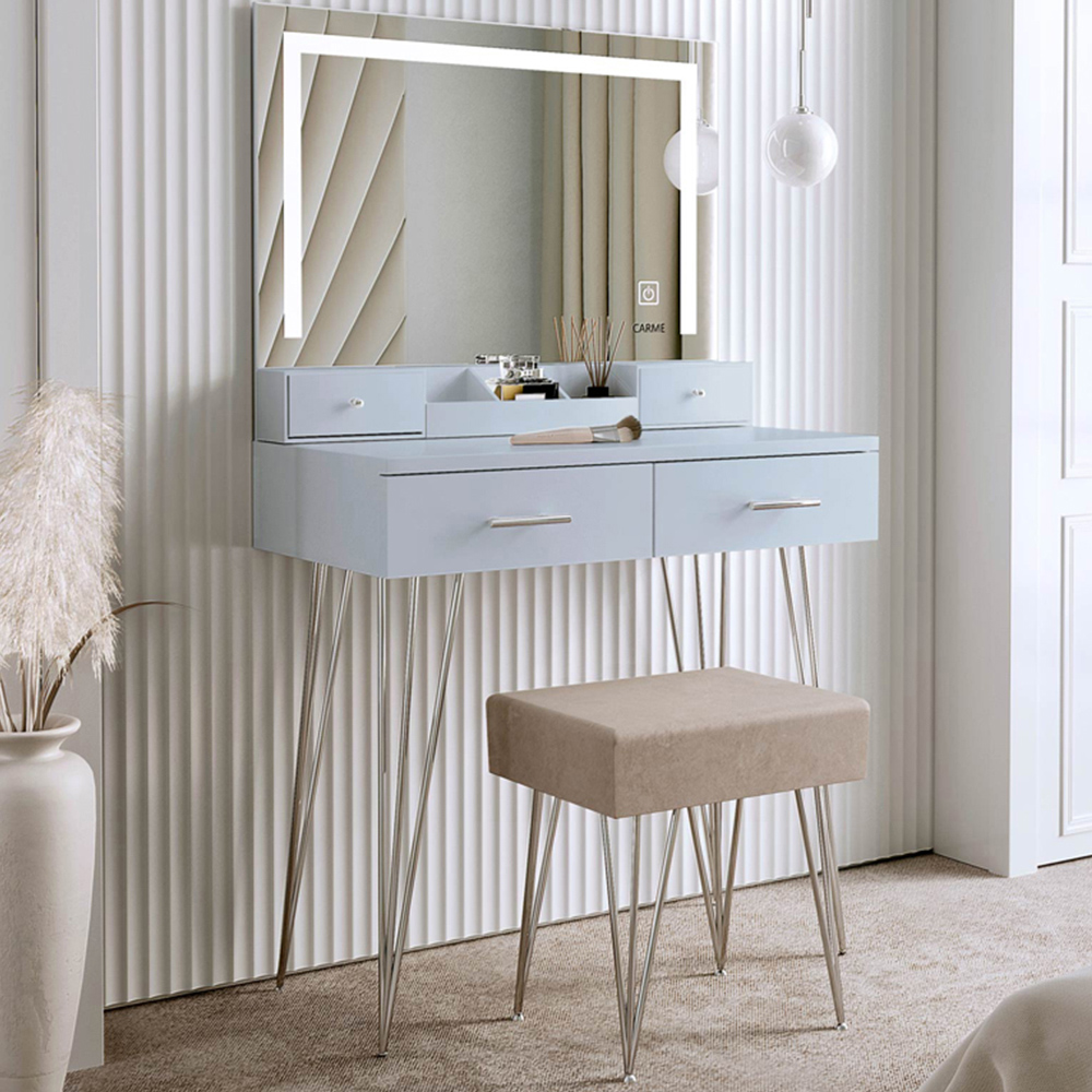 CARME Home Sophia 4 Drawer Grey Dressing Table Set with LED Mirror Image 1