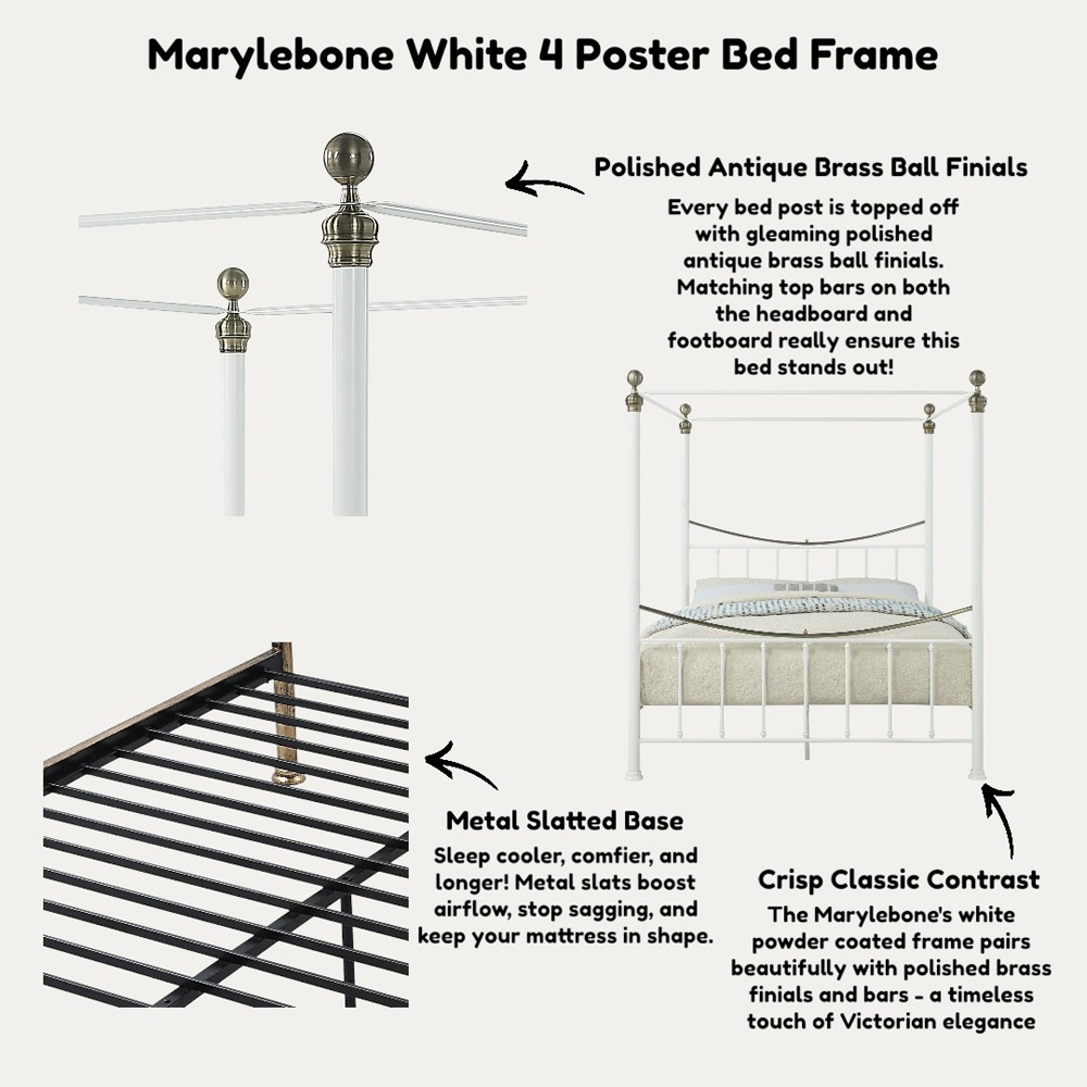 OAT Home Marylebone Double White and Brass Metal 4 Poster Bed Frame Image 8