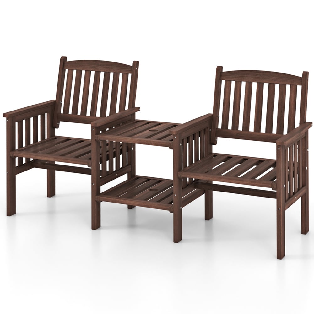 Costway 2 Seater Fir Wood Outdoor Loveseat and Side Table Set Brown Image 2