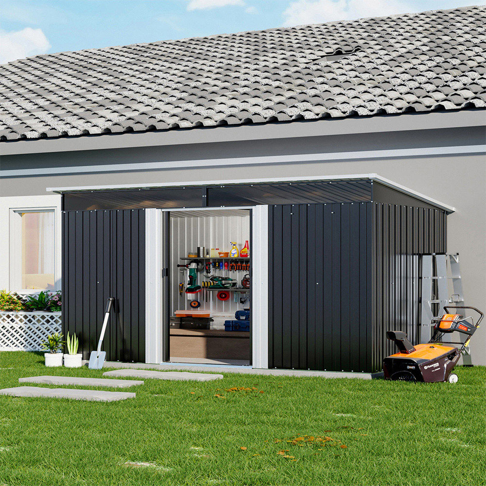 Living and Home 6 x 8.5ft Black Metal Garden Storage Shed with Lockable Sliding Doors Image 2