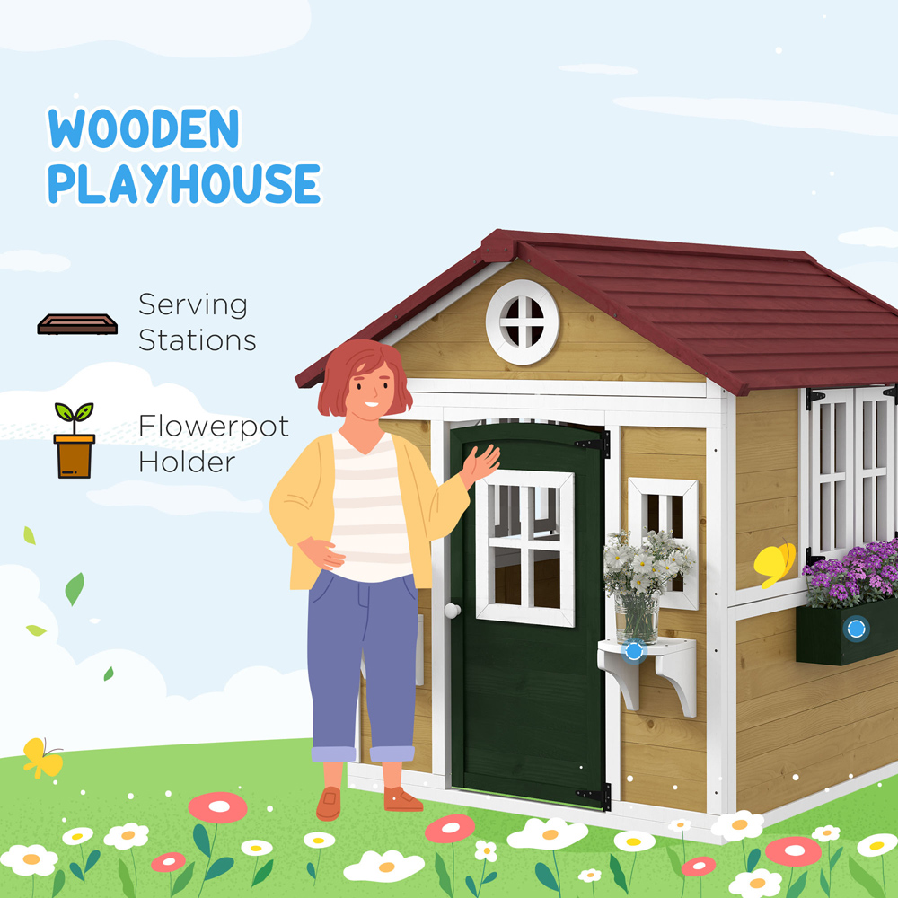 Outsunny Kids Beige Wooden Playhouse with Door Image 5