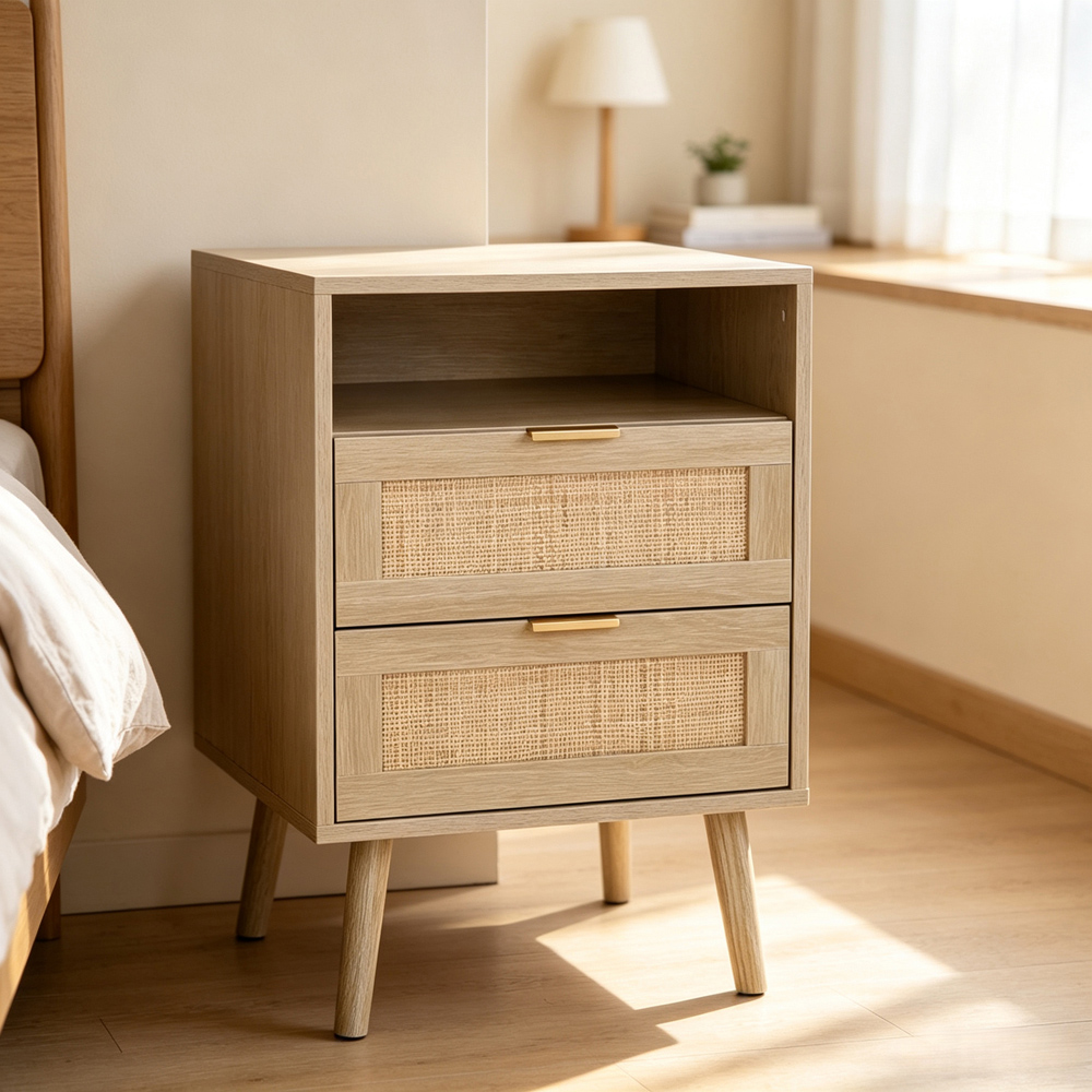 Living and Home 2 Drawer Single Shelf Natural Wooden Rattan Nightstand Image 7