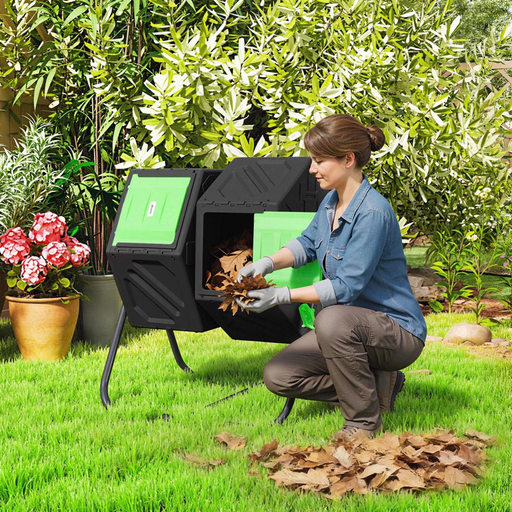Outsunny 130L Black 2 Chamber Steel Tumbling Garden Compost Bin Image 2