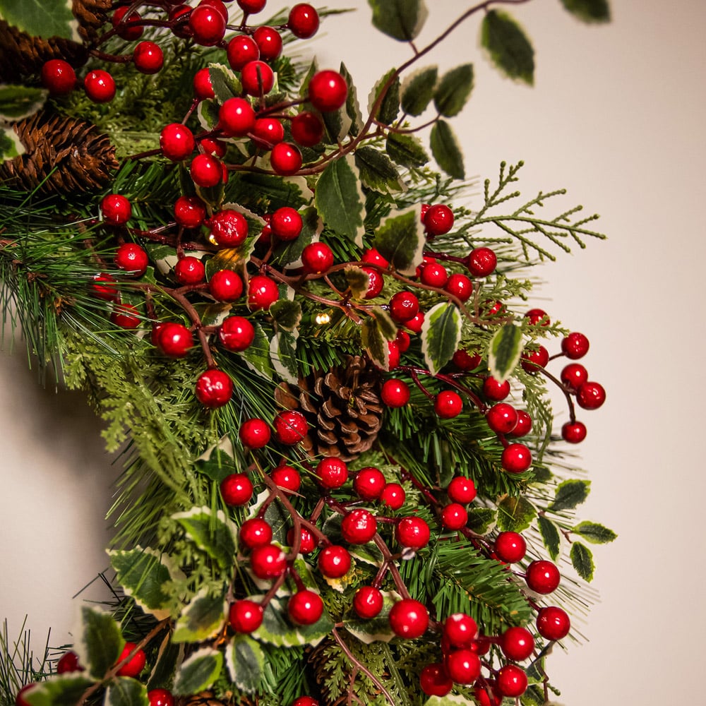 The Christmas Centre 50 Warm White LED Pre-Lit Holly berry Wreath with Red Berries and Pinecones 66cm Image 5