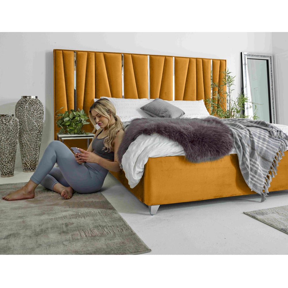 Eleganza Mila Small Double Mustard Plush Velvet Bed Frame with Lined Headboard Image 5