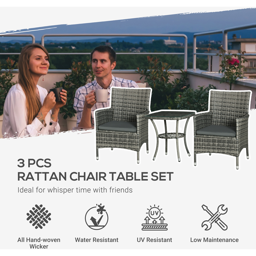 Outsunny 3 Piece Light Grey Rattan Bistro Set with Cushions Image 4