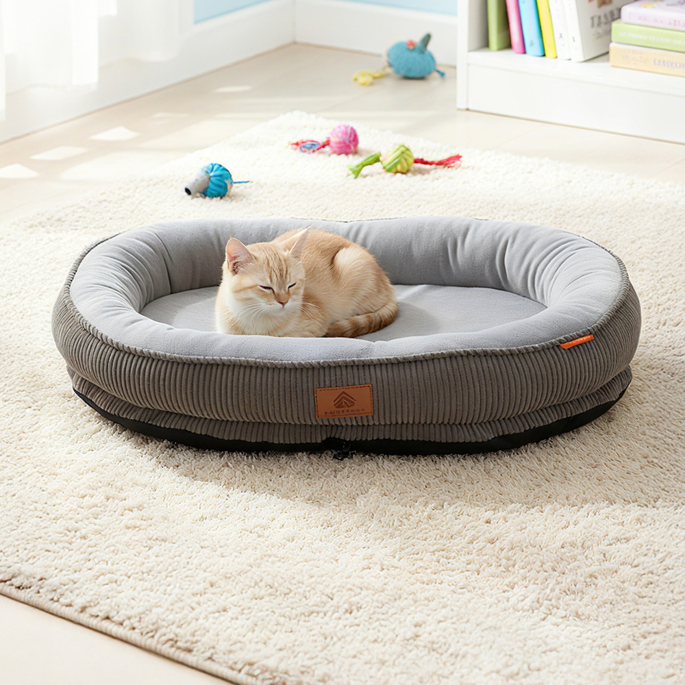 H&O Direct 75cm Grey Corduroy Dog Cuddle Bed Image 2
