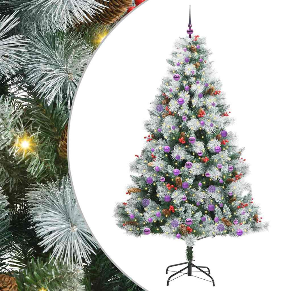vidaXL Pre-Lit Lilac Baubles Green Artificial Snow Flocked Christmas Tree 7ft Image 2