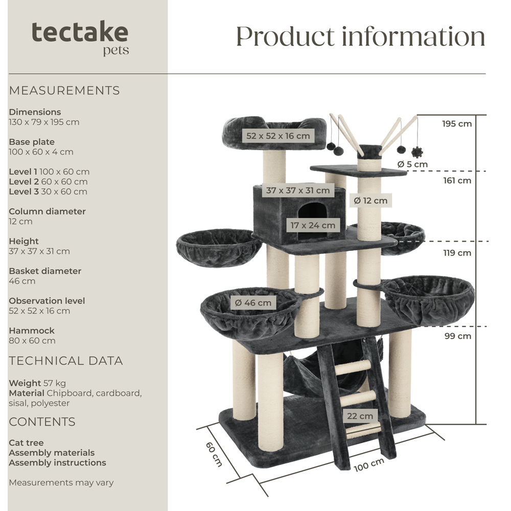 tectake Gismo Grey and White Cat Tree with Scratching Post 195cm Image 9